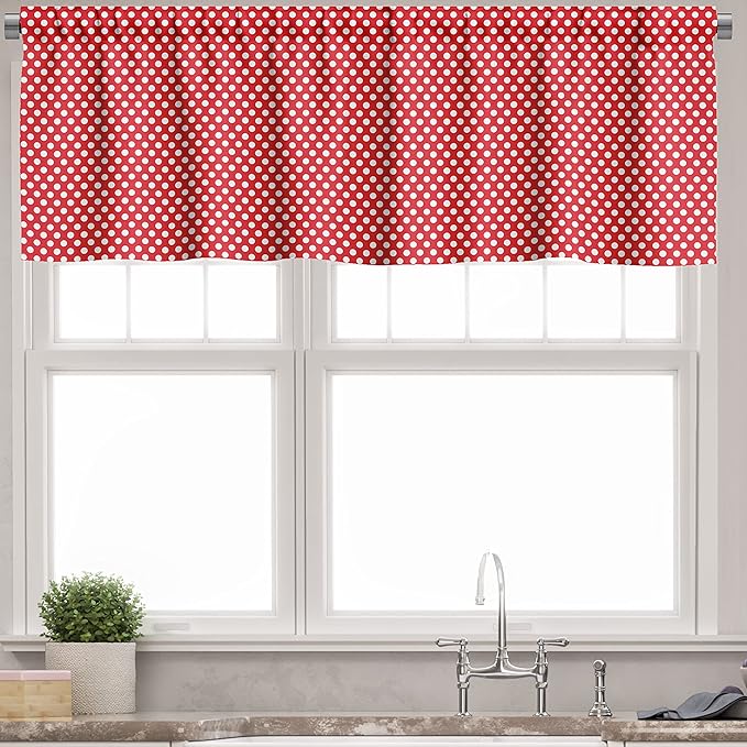 Ambesonne Retro Valance & Tier Curtain 3 pcs Set, 50s 60s Iconic Pop Art Style Big White Polka Dots Picnic Vintage Old Theme Image, Window Treatments for Kitchen Room Decor, 55" x 36", Vermilion White