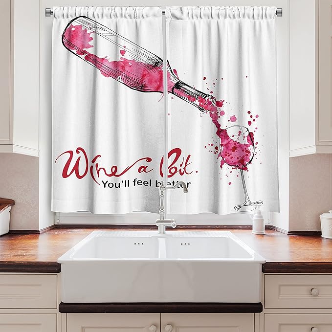Ambesonne Wine Long Kitchen Curtains, Wine a Bit You Feel Better Inspirational Words Bottle Pouring Sketch Art, Two Panels Drapes with Rod Pocket Room Decor, 55" x 45", Coral Black
