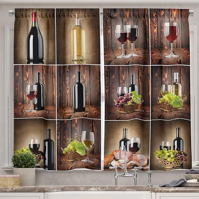 Ambesonne Wine Long Kitchen Curtains, Wine Themed Collage on Wooden Backdrop with Grapes and Meat Rustic Country Drink, Two Panels Drapes with Rod Pocket Room Decor, 55" x 45", Brown Black