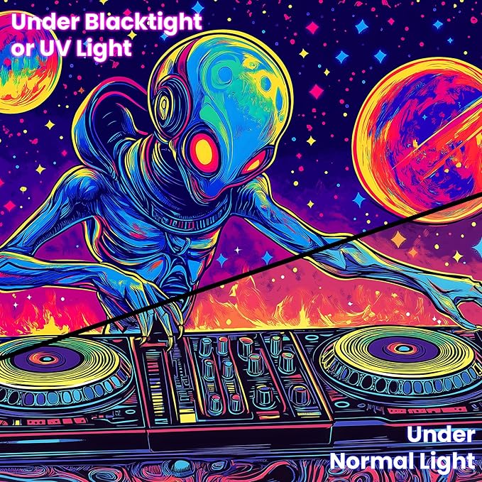BVBOX Blacklight Space Alien Tapestry 79"x59", UV Reactive DJ Alien Universe Galaxy Planet Glow in Dark Music Tapestries, Black Light Neon Upright Poster Wall Hanging Backdrop Decor for Bedroom Living Room