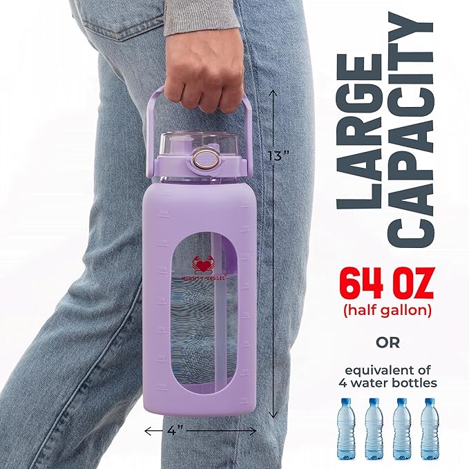 64oz Glass Water Bottle | Lavender Water Bottle with Straw & Time Marker | Half Gallon Water Bottle with Measurements & Silicone Sleeve | Suitable for Travel, Gym, & Daily Intake