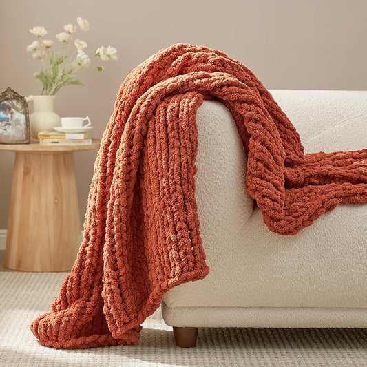 Amélie Home Chunky Knit Throw Blanket for Couch, Soft Chenille Crochet Blanket for Sofa, 50"x60", Burnt Orange