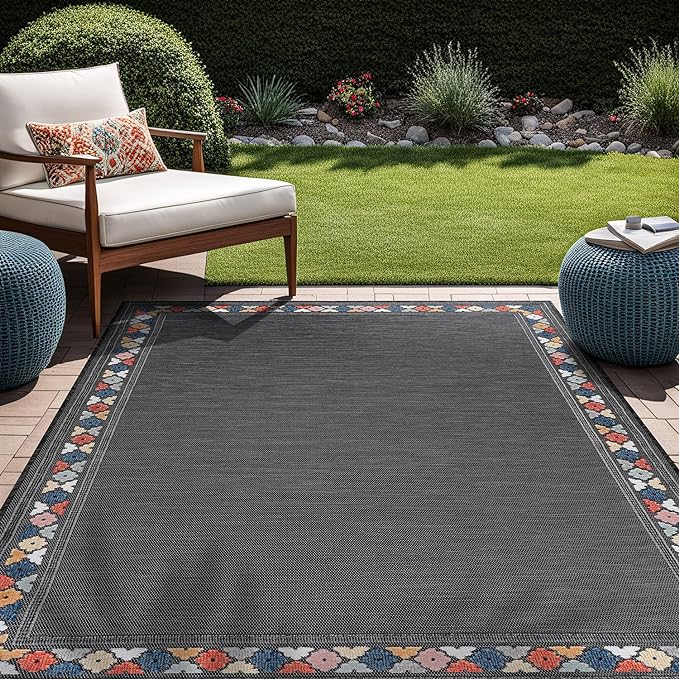 Beverly Rug Outdoor Rug 4x6 Modern Bordered Area Rugs for Indoor and Outdoor Patio Easy to Clean Non Shedding Living Room Porch Garden Washable Outside Carpet (4 x 6 Dark Gray)