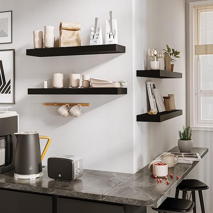 BAMEOS Floating Shelf,Wall Shelf,Decor Wall Mounted Shelves,Hanging Shelf Set L24xW6 for Bathroom Kitchen Living,Kitchen,Room Bedroom Storage,Black