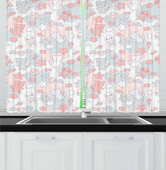 Ambesonne Cartoon Kitchen Curtains, Styled Cats Bats and Skulls Japanese Inspired Kawaii Design, Window Drapes 2 Panel Set for Kitchen Cafe Decor, 55" x 24", Pale Pink
