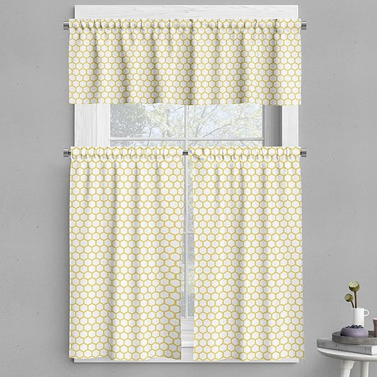 Ambesonne Yellow and White Valance & Tier Curtain 3 pcs Set, Hexagonal Pattern Honeycomb Beehive Simplistic Geometrical Monochrome, Window Treatments for Kitchen Room Decor, 55" x 45", White Yellow