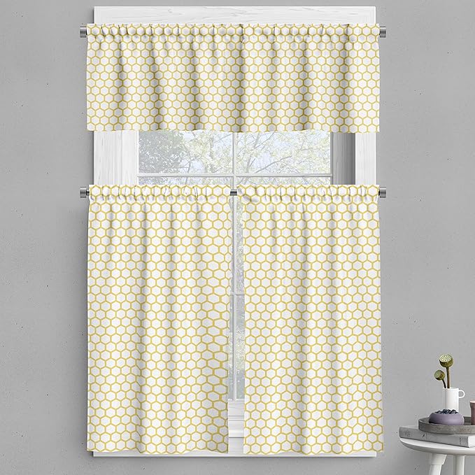 Ambesonne Yellow and White Valance & Tier Curtain 3 pcs Set, Hexagonal Pattern Honeycomb Beehive Simplistic Geometrical Monochrome, Window Treatments for Kitchen Room Decor, 55" x 36", White Yellow