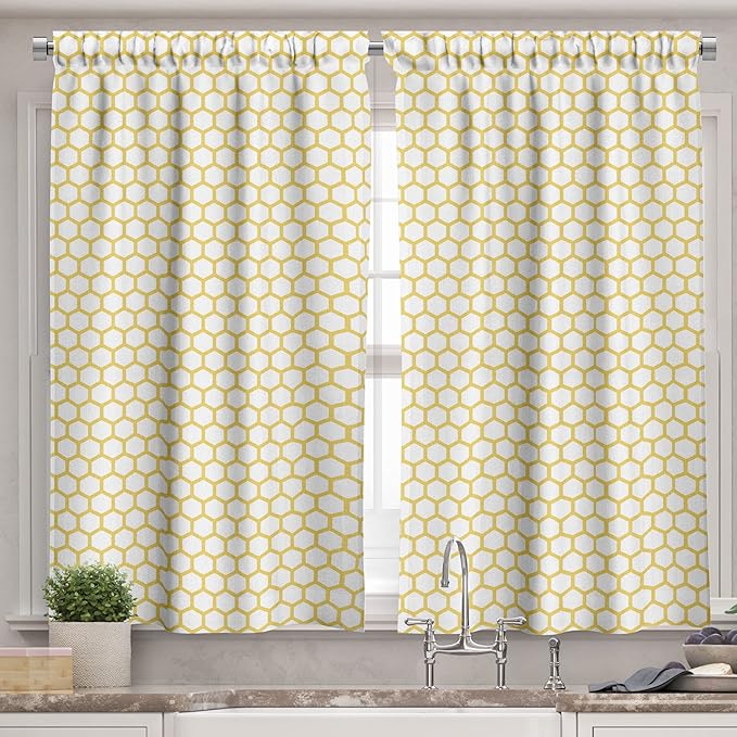 Ambesonne Yellow and White Valance & Tier Curtain 3 pcs Set, Hexagonal Pattern Honeycomb Beehive Simplistic Geometrical Monochrome, Window Treatments for Kitchen Room Decor, 55" x 45", White Yellow