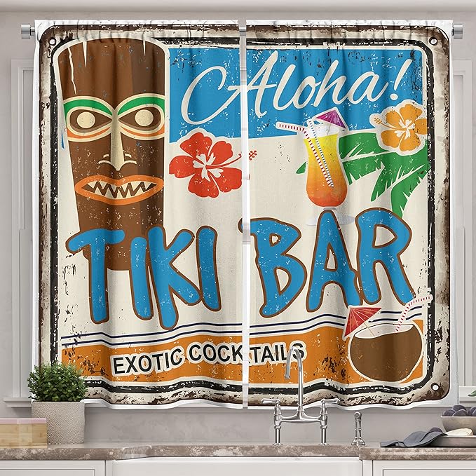 Ambesonne Tiki Bar Long Kitchen Curtains, Rusty Vintage Sign Aloha Exotic Cocktails and Coconut Drink Antique Nostalgic, Two Panels Drapes with Rod Pocket Room Decor, 55" x 45", Blue Brown