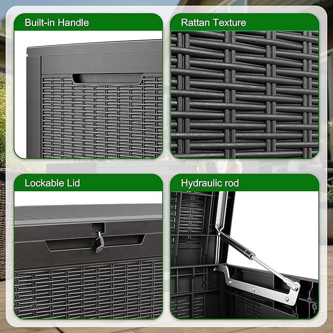 100 Gallon Outdoor Storage Box,Waterproof Lockable Resin Deck Box,Storage Container with Reinforced Support for Patio Cushions, Furniture Supplies, Garden Tools, UV-Resistant Outdoor Chest (Black)