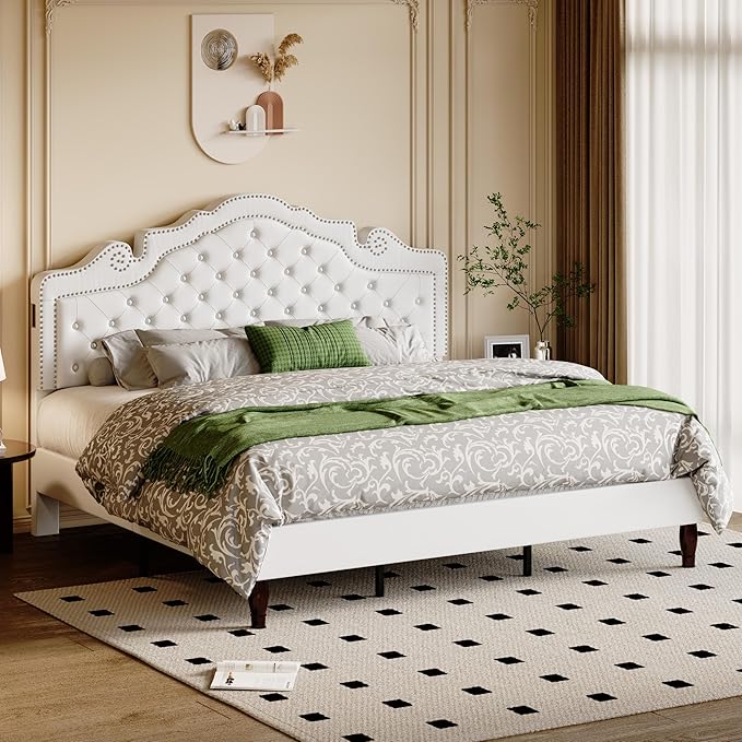 Allewie King Bed Frame with Adjustable Velvet Tiara Headboard, Upholstered Diamond Button Tufted Platform Bed, Wood Slats Support, No Box Spring Needed, Mattress Foundation, Easy Assembly, White