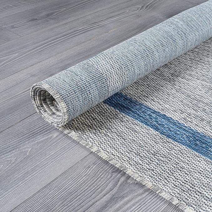 Bordered Outdoor Rug 10x14 Washable Outside Carpet for Indoor Patio Porch Waterproof Easy Cleaning Non Shedding Area Rugs Silver Gray - Blue 10 x 14