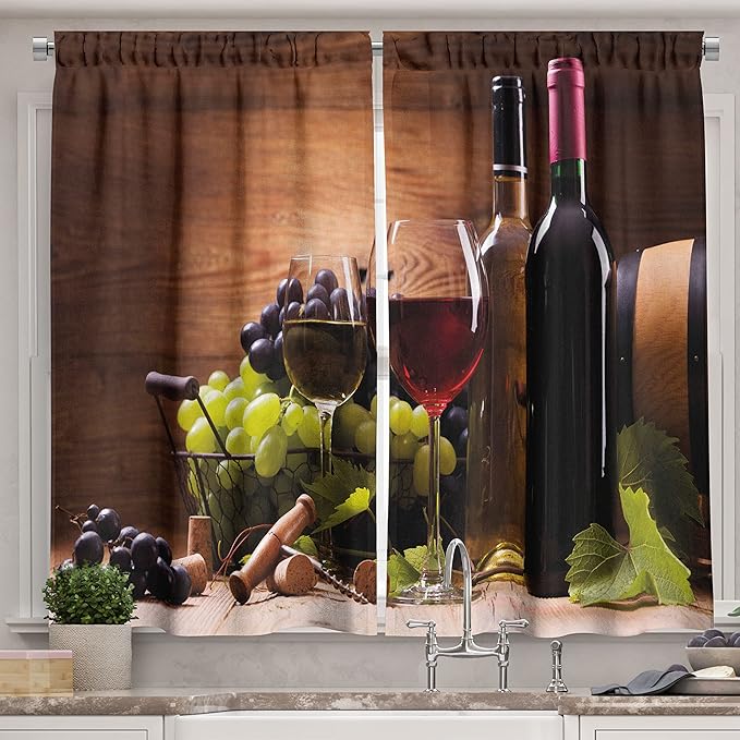 Ambesonne Wine Long Kitchen Curtains, Glasses of Red and White Wine Served with Grapes French Gourmet Tasting, Two Panels Drapes with Rod Pocket Room Decor, 55" x 45", Brown Ruby