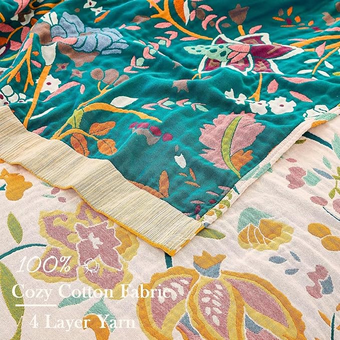 Boho Throw Blanket for Bed, 100% Cotton Soft Rustic Quilt Fall Blanket, 50"x60" Yellow Floral Printed Farmhouse Decor Bed Blankets, All Season Rustic Reversible Bohemian Throw Quilt