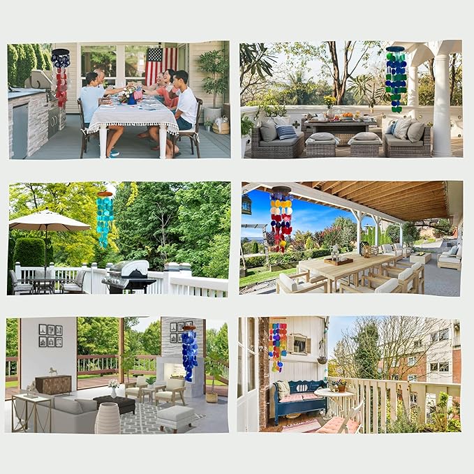 Bellaa 27918 Wind Chimes Outdoor, Garden Decorations, Musical, Indoor/Outside Windchimes, Beach, Ocean Breeze, Gifts for Mom, Gift for All Occasions, Capiz Sea Glass Shells Wood Blue 27 inch