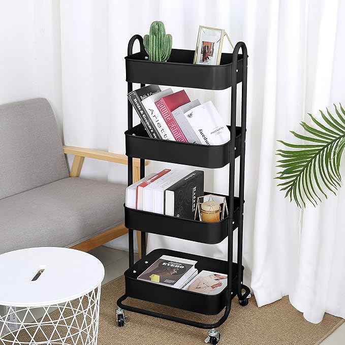 4-Tier Metal Mesh Utility Rolling Cart Storage Organizer Shelf Rack with Lockable Wheels for Living Room Kitchen Office, Black