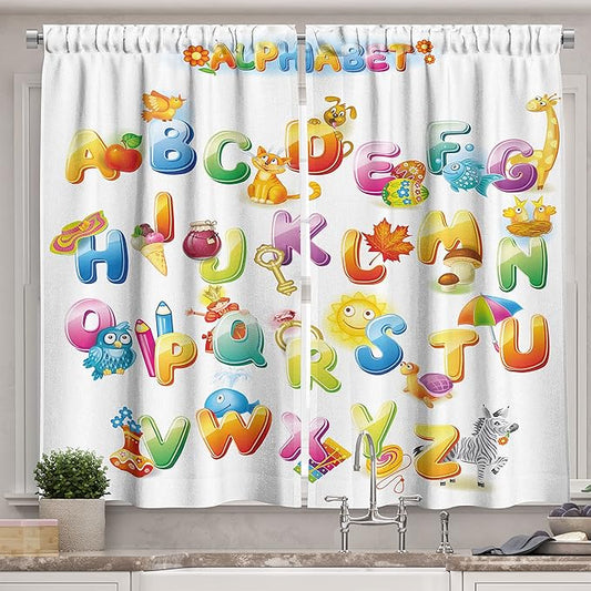 Ambesonne Science Long Kitchen Curtains, Cheerful Cartoon Fun Alphabet Design Font Design, Two Panels Drapes with Rod Pocket Room Decor, 55" x 45", Orange