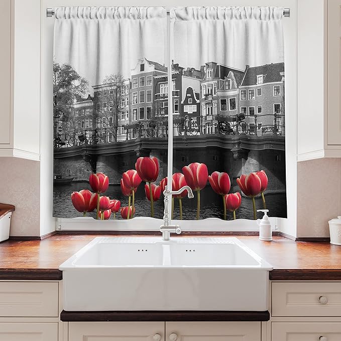 Ambesonne Black and White Long Kitchen Curtains, Monochrome Photo of Amsterdam Canal with Red Tulips and Houses, Two Panels Drapes with Rod Pocket Room Decor, 55" x 45", Red Black