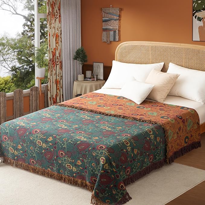 Boho Throw Blanket Queen Size, Oversized Soft Cozy Cotton Muslin Quilt Blanket for Bed Decor, Floral Patterned Couch Sofa Chair Cover, Vintage Farmhouse Cottage Woven Blanket, Green&Orange