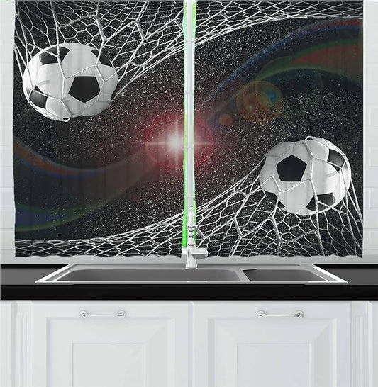 Ambesonne Teen Room Kitchen Curtains, Soccer Balls Goal Match Success Concept in The Outer Space Winner Glory Theme, Window Drapes 2 Panel Set for Kitchen Cafe Decor, 55" x 36", Black Magenta