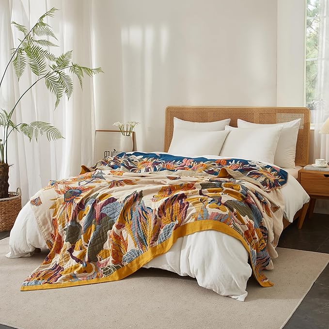 Boho Throw Blanket for Bed 90”x98”, 100% Cotton Woven Blanket for Couch Sofa, Ultra Soft 4-Layer Muslin Quilt with Vintage Floral Printed, Farmhouse Bed Blanket/Cover for Living Room Decor