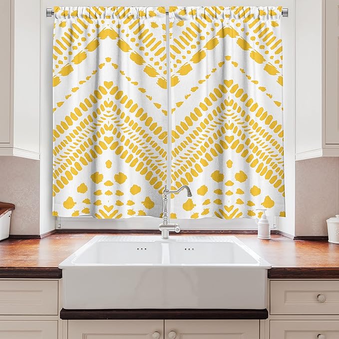 Ambesonne Yellow Chevron Long Kitchen Curtains, Hand Drawn Aztec Pattern Motif with Dashed Lines, Two Panels Drapes with Rod Pocket Room Decor, 55" x 45", Mustard White