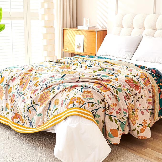 Boho Throw Blanket, 100% Organic Cotton Breathable Ultra Soft 91" x 98" Bed Quilt Throw - All Season Floral Rustic Farmhouse Decor Luxury Reversible Blanket for Sofa Couch Chair and Gift