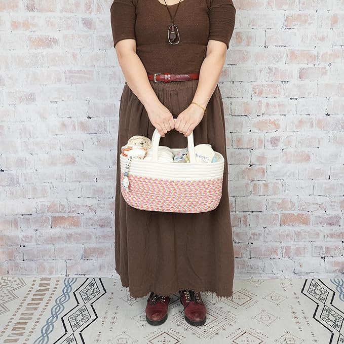 Baby Diaper Caddy Organizer for Girl Boy Rope Nursery Storage Bin Basket Portable Holder Tote Bag for Changing Table Car Travel Baby Shower Gifts Newborn Registry Must Haves