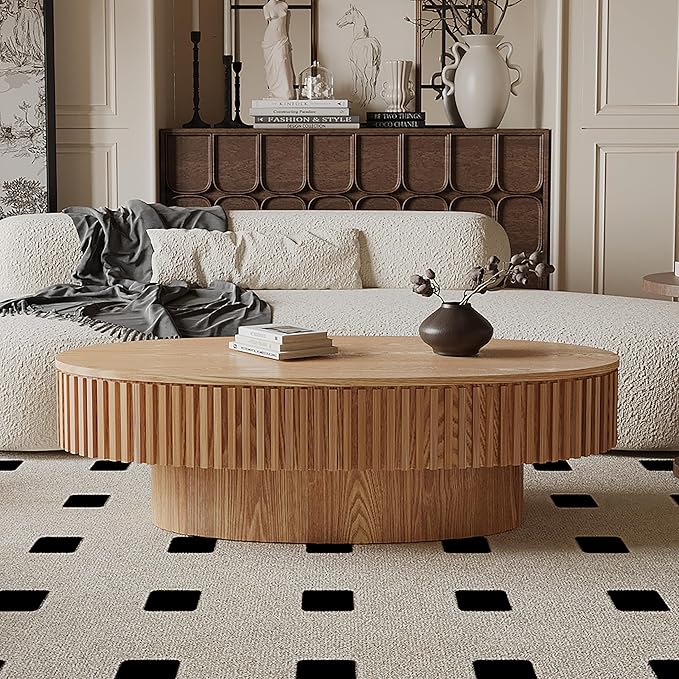 47.2''Oval Coffee Table with Storage, Mid Century Modern Drum Center Tables with Lid Fluted Solid Wood Side Coffee Table Pedestal Tea Table for Living Room, Bedroom, Apartmen-Natural