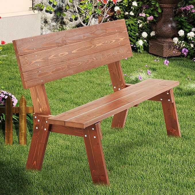 AVAWING Outdoor Convertible Wood Bench with Backrest, Patio Wood Convert a Bench, Space-Saving 2-in-1 Picnic Table Chairs Set for Backyard, Porch, Patio, Garden, Brown