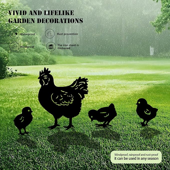 5 Pack Chicken Metal Garden Decorative Stakes, Weather Proof Silhouette Statues for Yard, Patio,Outdoor Decor for Chicken Lovers and Pet Owners