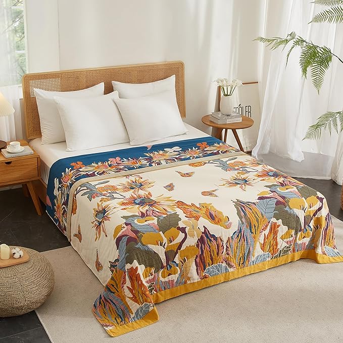 Boho Throw Blanket for Bed 60”x80”, 100% Cotton Woven Blanket for Couch Sofa, Ultra Soft 4-Layer Muslin Quilt with Floral Printed, Farmhouse Bed Blanket/Cover for Living Room Decor