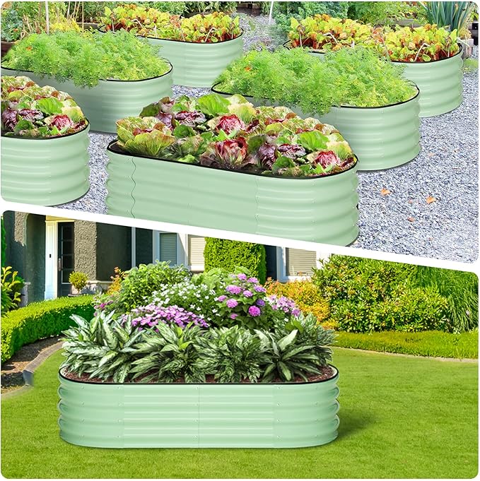 2 Pcs 4.5x2x1ft Oval Raised Garden Bed, Galvanized Raised Beds,Open-Ended Base Metal Raised Planter Beds,Garden Bed Outdoor,Planter Raised Boxes for Vegetables, Flowers,Tool-Free Asse,Green