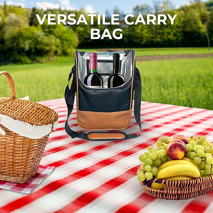 Ax store Wine Leather Tote Bag, Insulated Waterproof Cooler Bag for Picnic and Beach, Wine Carrier 2 Bottle, 2 Bottle Wine Bag, Zippered Wine Handbag Transporter for Gift and Travel, Leather Wine Bag