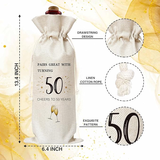 50th Birthday Wine Gift Bag, Cotton Burlap Wine Bags, 1974 Wine Bottle Cover Bag Birthday Gifts for Women, Men, Friends, Co-workers, Teachers, Mom, Dad, Antie, Uncle(05)