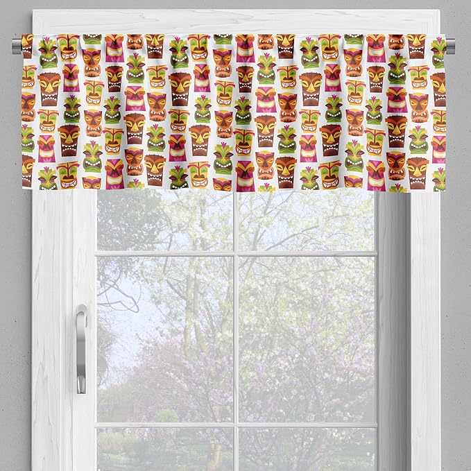Ambesonne Tiki Bar Valance & Tier Curtain 3 pcs Set, Sixties Retro Inspired Hawaiian Party Happy Tiki Pattern Colorful, Window Treatments for Kitchen Room Decor, 55" x 30", White Brown