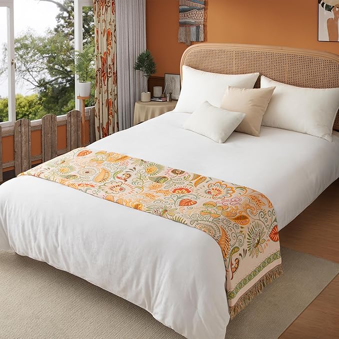 Boho Throw Blanket Queen Size, Oversized Soft Cozy Cotton Muslin Quilt Blanket for Bed Decor, Floral Patterned Couch Sofa Chair Cover, Vintage Farmhouse Cottage Woven Blanket, Coral&Green