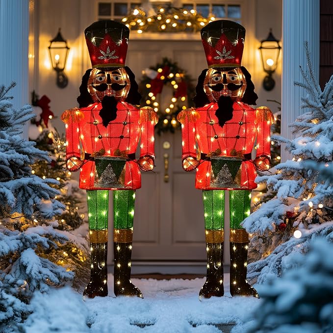 61Inch Nutcracker Christmas Decor Outdoor with LEDs 5 Feet Lighted Large Nutcracker Lighted Christmas Decorations Outdoor with Stakes & Zip Ties for Xmas Yard, Porch, Lawn