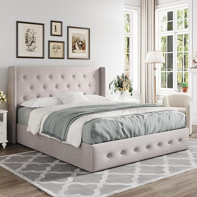 Allewie Full Size Lift Up Storage Bed, Button Tufted Headboard with Wingback, Hydraulic Support, No Box Spring Needed, Light Beige