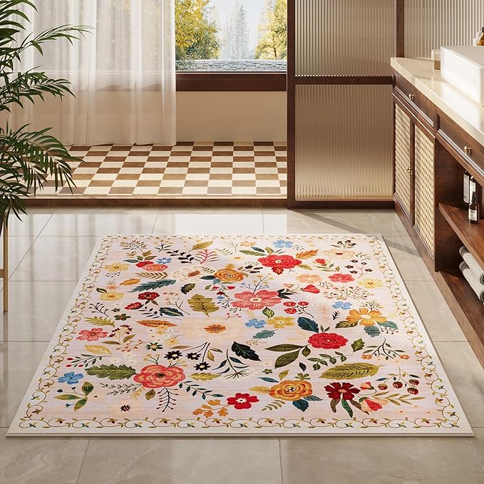 Area Rug 4x6 Rug Washable Boho Rugs Non Slip Low Pile Floral Small Carpet for Bedroom, Bedside, Kids Room, Office, Dining Room(Beige)
