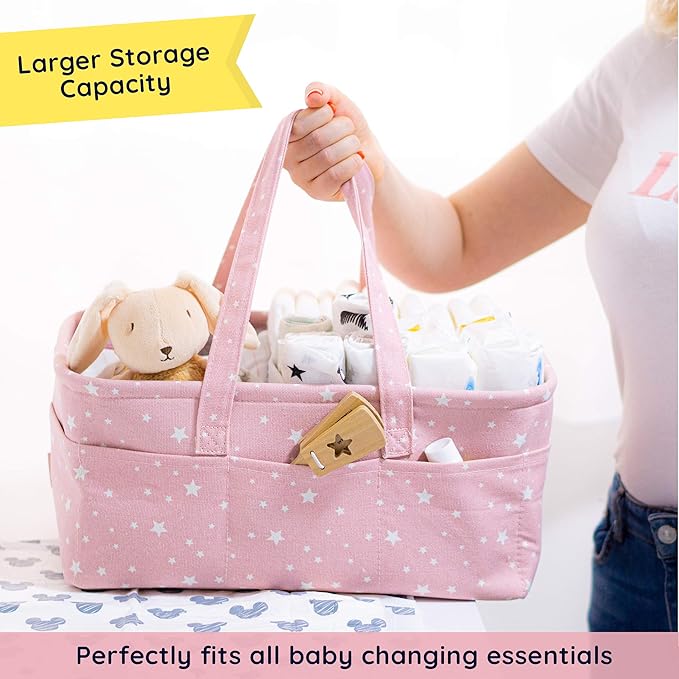 Baby Diaper Caddy Organizer - Baby Shower Basket | Large Nursery Storage Bin for Changing Table | Car Travel Tote Bag | Newborn Registry Must Have | Bonus Bottle Cooler | Pink