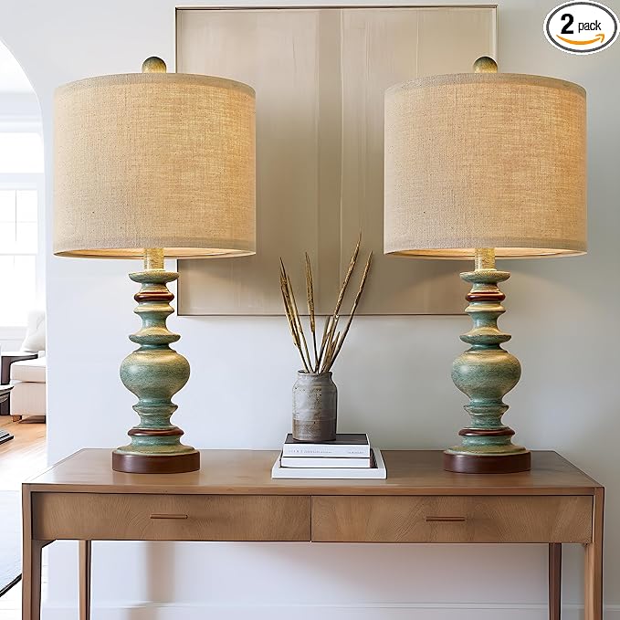 BOBOMOMO 20" Farmhouse Lamps for Bedrooms Set of 2, Retro Side Table Lamps Bedside Lamp for Side Nightstand Living Room（Suitable for Decorating Small Areas）