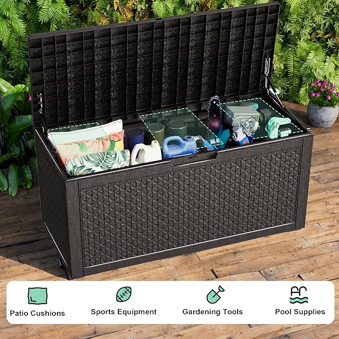 100 Gallon Deck Box Large Outdoor Storage for Patio Furniture,Outdoor Cushions,Garden Tools and Pool Supplies,Waterproof,Resin,Lockable(Black Lozenge)