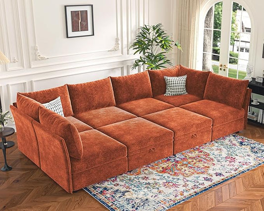 136.4" Oversized Modular Sectional Sleeper Sofa Bed, U Shaped Convertible Couch with Movable Ottoman, Large 8 Seat Corner Couches for Living Room Deep Seat Terracotta Orange Chenille