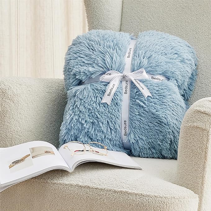 Bedsure GentleSoft Fluffy Light Blue Blankets Queen Size for Bed, Thick Sherpa Faux Fur Fleece Fuzzy Plush Winter Warm Soft Full Queen Blankets, Bedroom Decor Blue Cozy Gifts for Women Men, 90x90