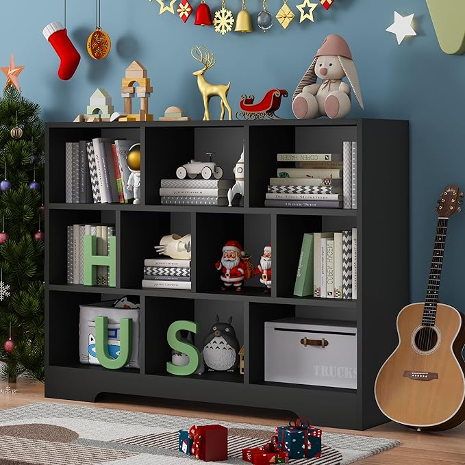 Book Shelf, 10 Cubes Storage Organizer, Freestanding Black Bookshelf Cube Shelf for Bedroom, Living Room, 3-Tier Open Bookshelf Wooden Bookcase