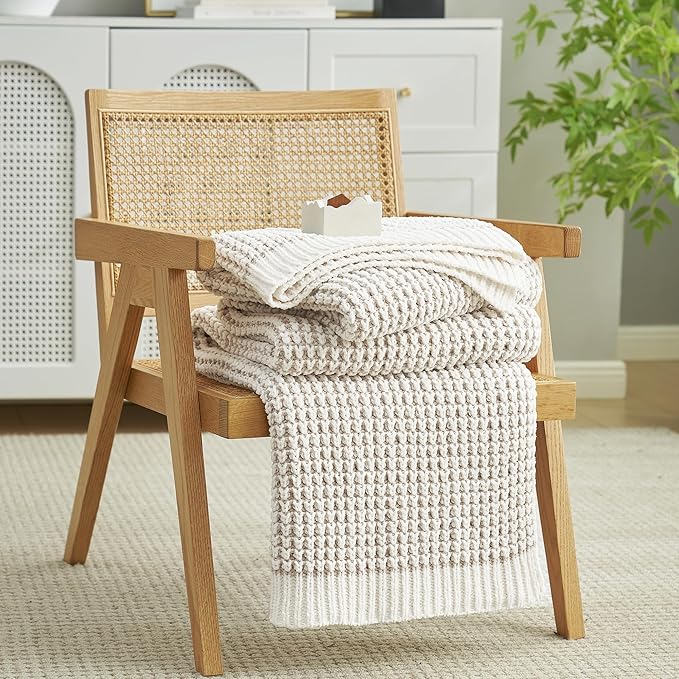 Amélie Home Chenille Waffle Throw Blanket for Couch, Reversible Pineapple Stitch Knit Soft Cozy Knit Blanket Lightweight Warm Decorative Throw for Sofa, Bed, Living Room, 50"x60", Beige&Ivory