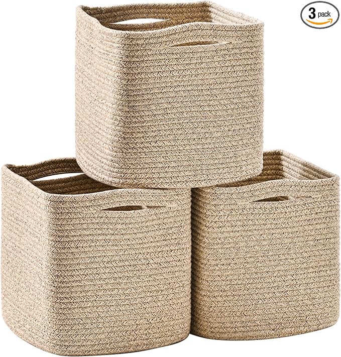 11 Inch Cube Storage Bins, Storage Cube Organizer Bins, Woven Cotton Rope Baskets for Storage, Storage Basket for Organizing Shelves, Square Baskets for Toys Nursery, Brown (Pack of 3)