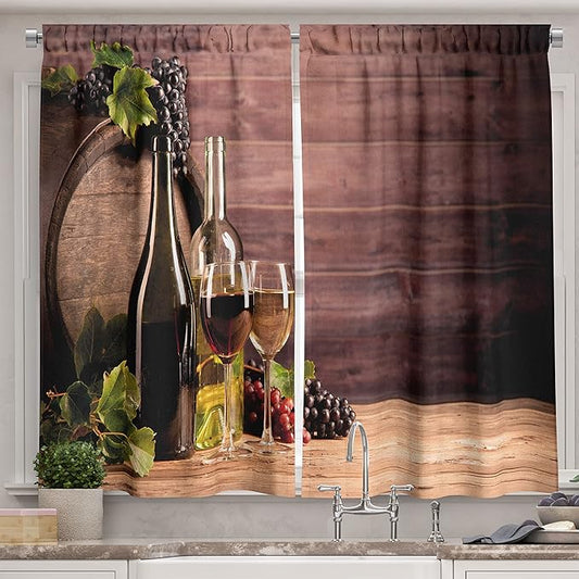 Ambesonne Wine Long Kitchen Curtains, Still Life of Wine with Wooden Keg Rustic Concept Tasting Viticulture, Two Panels Drapes with Rod Pocket Room Decor, 55" x 45", Brown Green