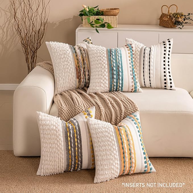 Boho Chenille Tufted Couch Throw Pillow Covers 18x18 Inch Set of 2 Farmhouse Striped Decorative Pillow Covers Accent Neutral Pillowcase Grey Yellow Cushion Cover for Living Room Sofa Bed